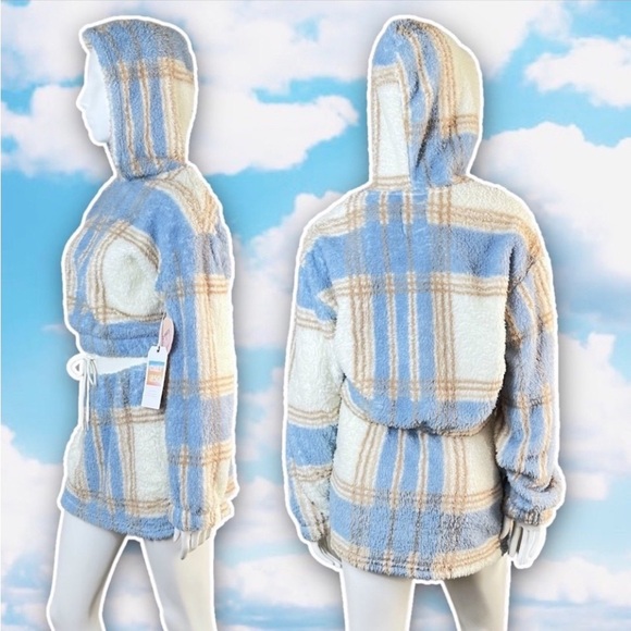 NWT CALI 1850 2 Piece Sherpa Plaid Fleece Matching Set Cropped Hoodie Mini Skirt - Picture 5 of 11